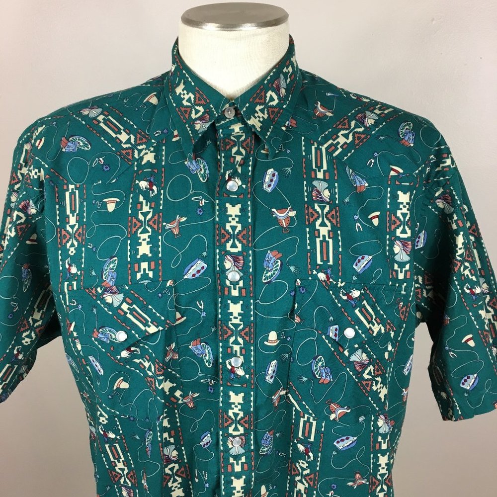 Men's Teal Patterned Short-Sleeve Button-Up Shirt